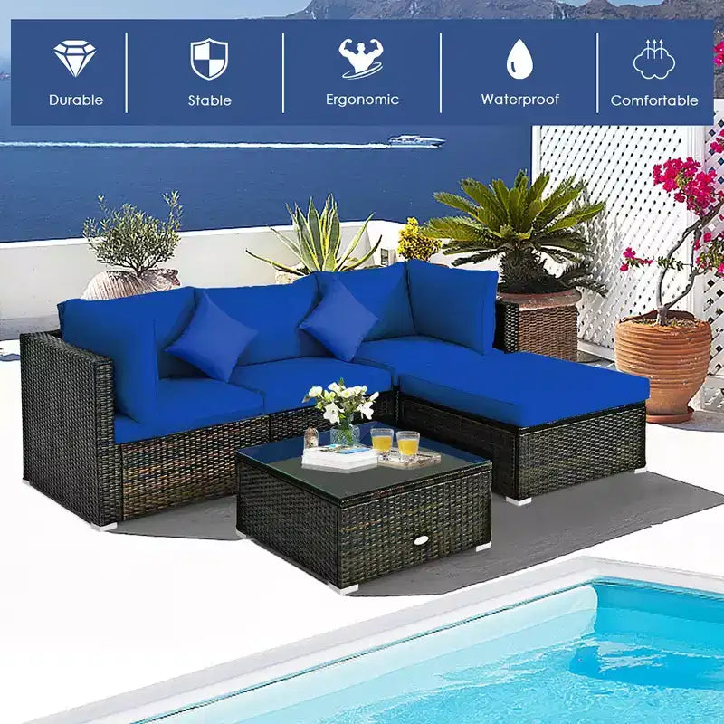 Costway Ensemble de Meubles de Jardin en Rotin de 5 Pièces, Salon Modulable, Coussins Turquoise/Bleu Marine/Noir
