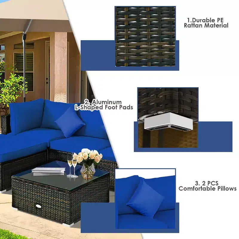 Costway Ensemble de Meubles de Jardin en Rotin de 5 Pièces, Salon Modulable, Coussins Turquoise/Bleu Marine/Noir
