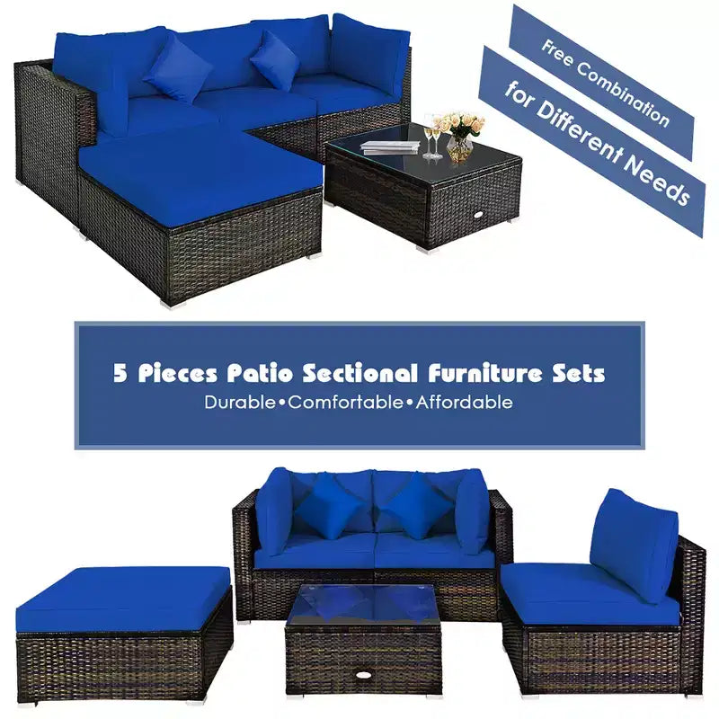 Costway Ensemble de Meubles de Jardin en Rotin de 5 Pièces, Salon Modulable, Coussins Turquoise/Bleu Marine/Noir