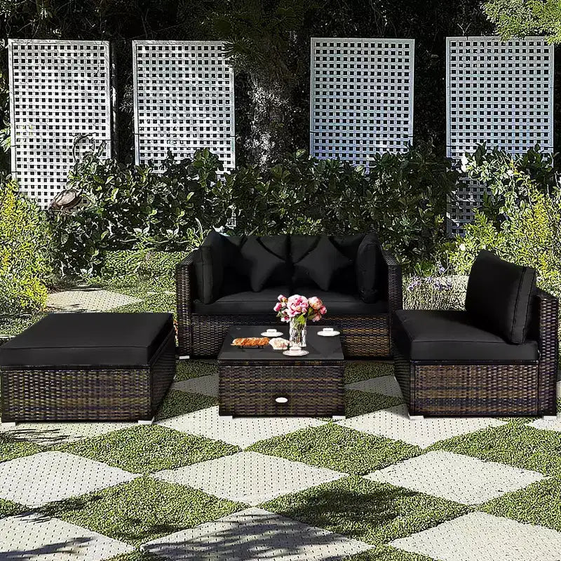 Costway Ensemble de Meubles de Jardin en Rotin de 5 Pièces, Salon Modulable, Coussins Turquoise/Bleu Marine/Noir