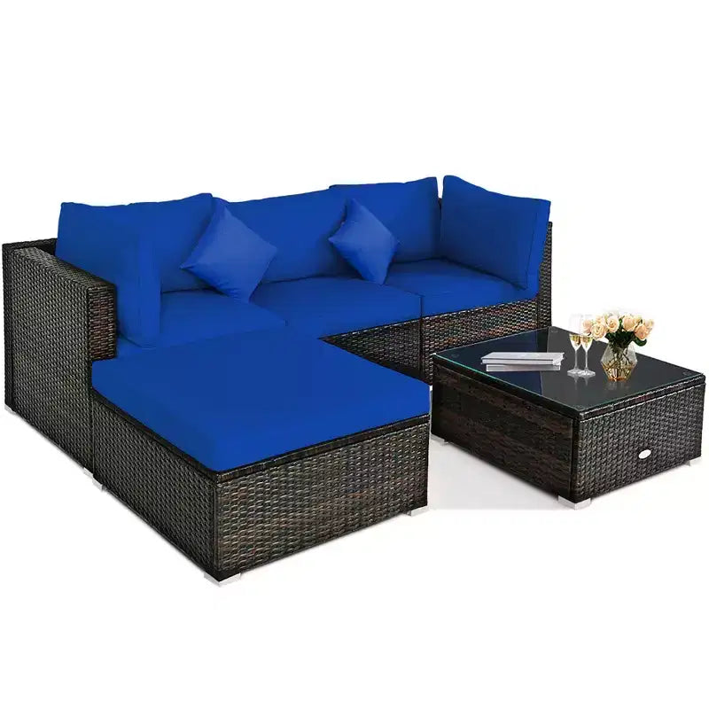 Costway Ensemble de Meubles de Jardin en Rotin de 5 Pièces, Salon Modulable, Coussins Turquoise/Bleu Marine/Noir
