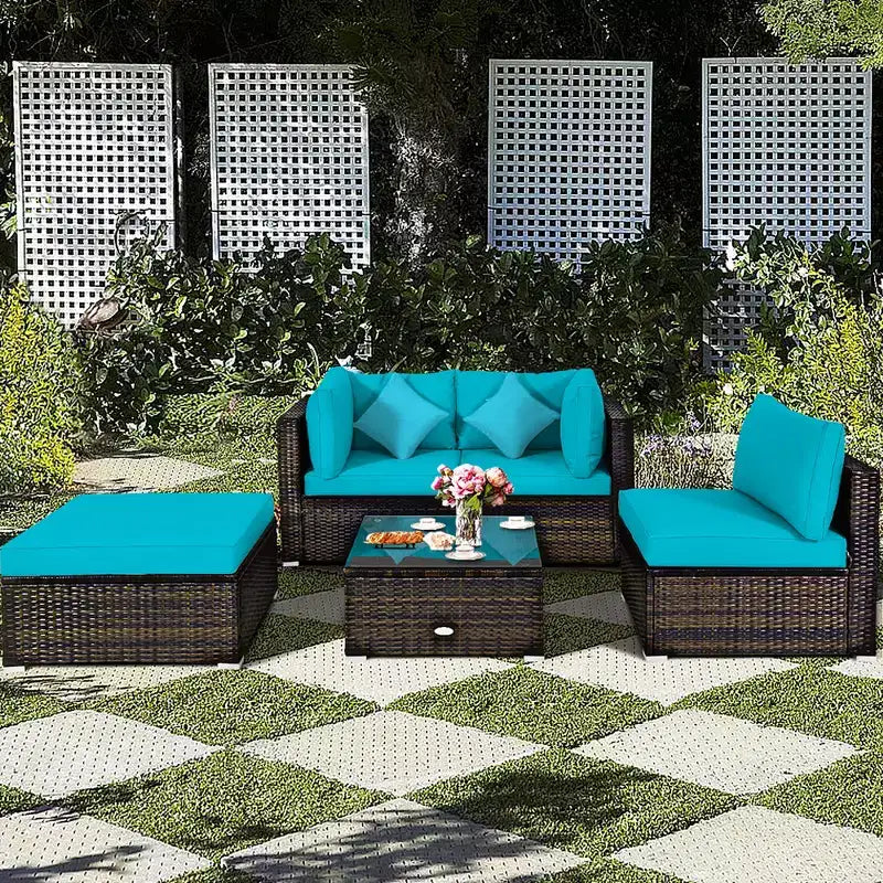 Costway Ensemble de Meubles de Jardin en Rotin de 5 Pièces, Salon Modulable, Coussins Turquoise/Bleu Marine/Noir