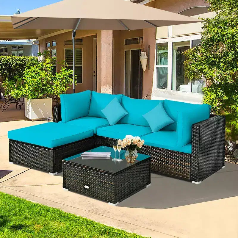 Costway Ensemble de Meubles de Jardin en Rotin de 5 Pièces, Salon Modulable, Coussins Turquoise/Bleu Marine/Noir