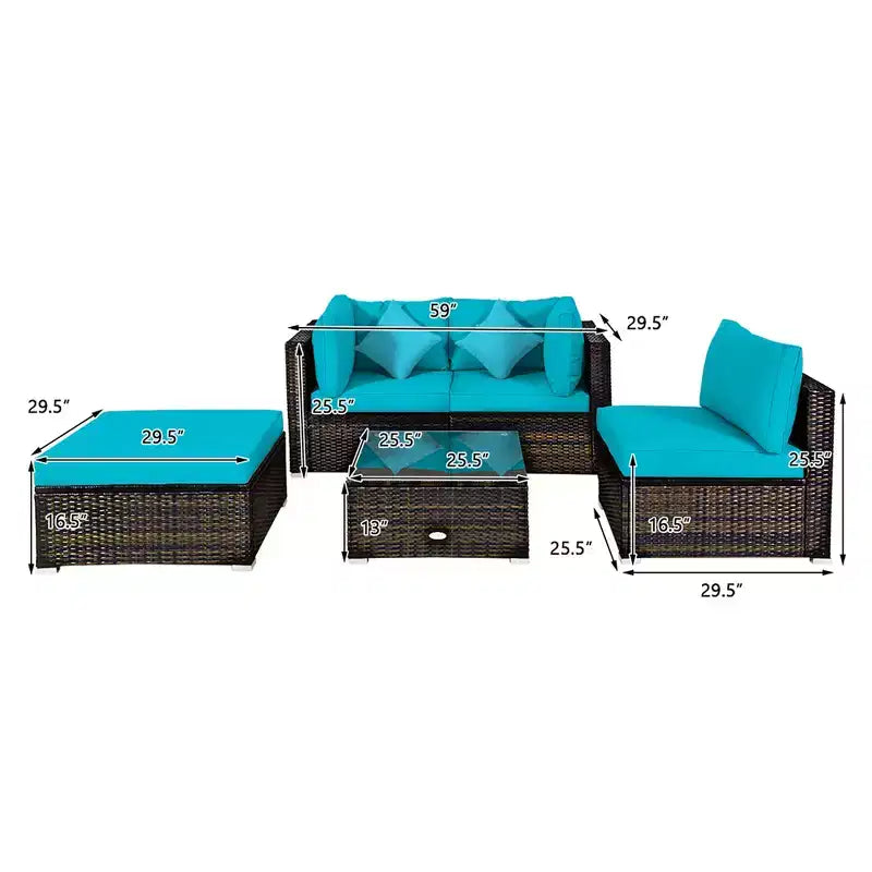 Costway Ensemble de Meubles de Jardin en Rotin de 5 Pièces, Salon Modulable, Coussins Turquoise/Bleu Marine/Noir