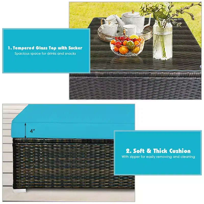 Costway Ensemble de Meubles de Jardin en Rotin de 5 Pièces, Salon Modulable, Coussins Turquoise/Bleu Marine/Noir