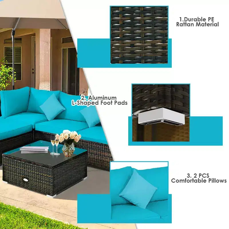 Costway Ensemble de Meubles de Jardin en Rotin de 5 Pièces, Salon Modulable, Coussins Turquoise/Bleu Marine/Noir