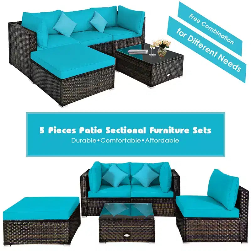 Costway Ensemble de Meubles de Jardin en Rotin de 5 Pièces, Salon Modulable, Coussins Turquoise/Bleu Marine/Noir