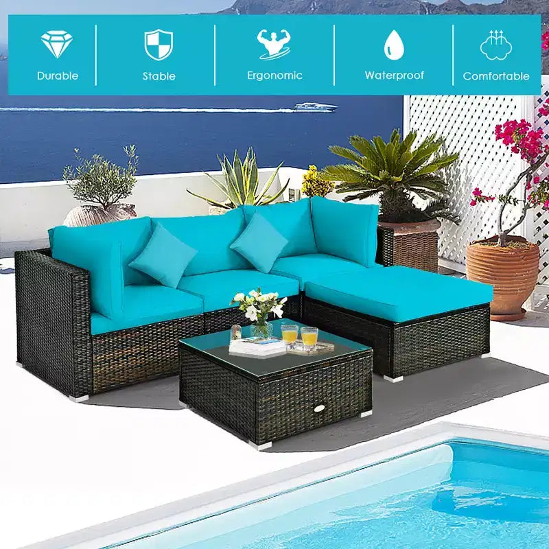 Costway Ensemble de Meubles de Jardin en Rotin de 5 Pièces, Salon Modulable, Coussins Turquoise/Bleu Marine/Noir