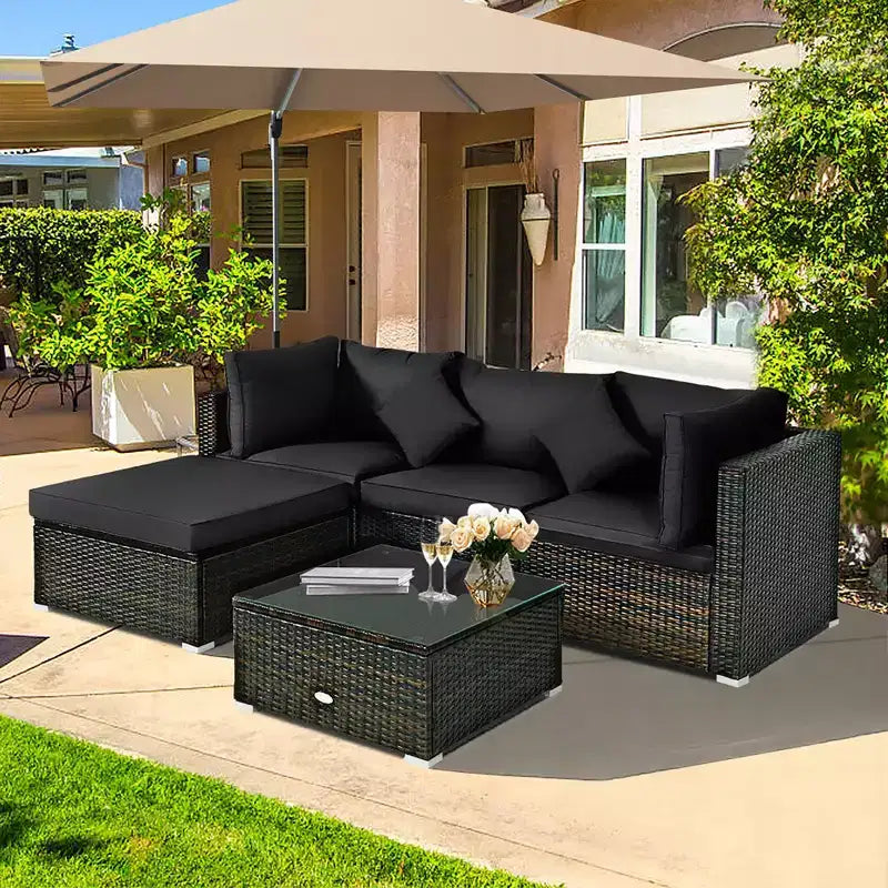 Costway Ensemble de Meubles de Jardin en Rotin de 5 Pièces, Salon Modulable, Coussins Turquoise/Bleu Marine/Noir