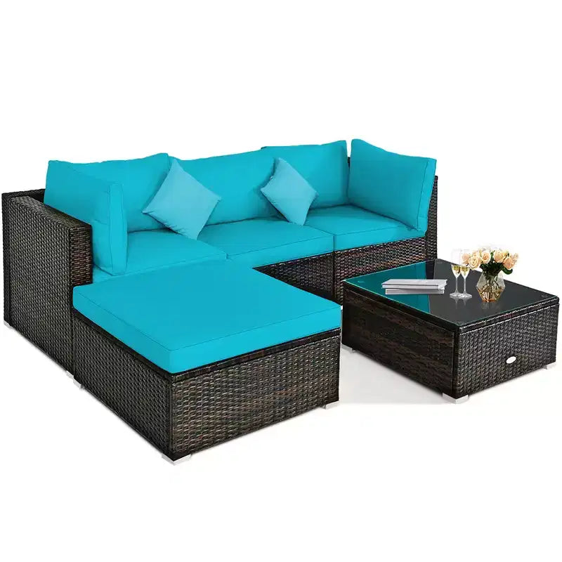 Costway Ensemble de Meubles de Jardin en Rotin de 5 Pièces, Salon Modulable, Coussins Turquoise/Bleu Marine/Noir