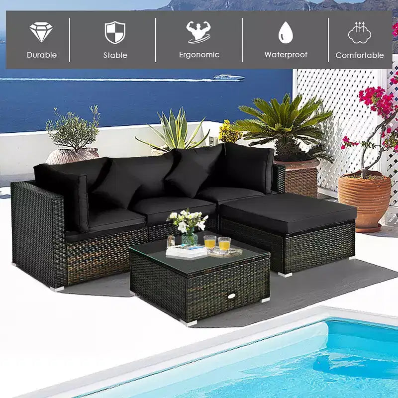 Costway Ensemble de Meubles de Jardin en Rotin de 5 Pièces, Salon Modulable, Coussins Turquoise/Bleu Marine/Noir