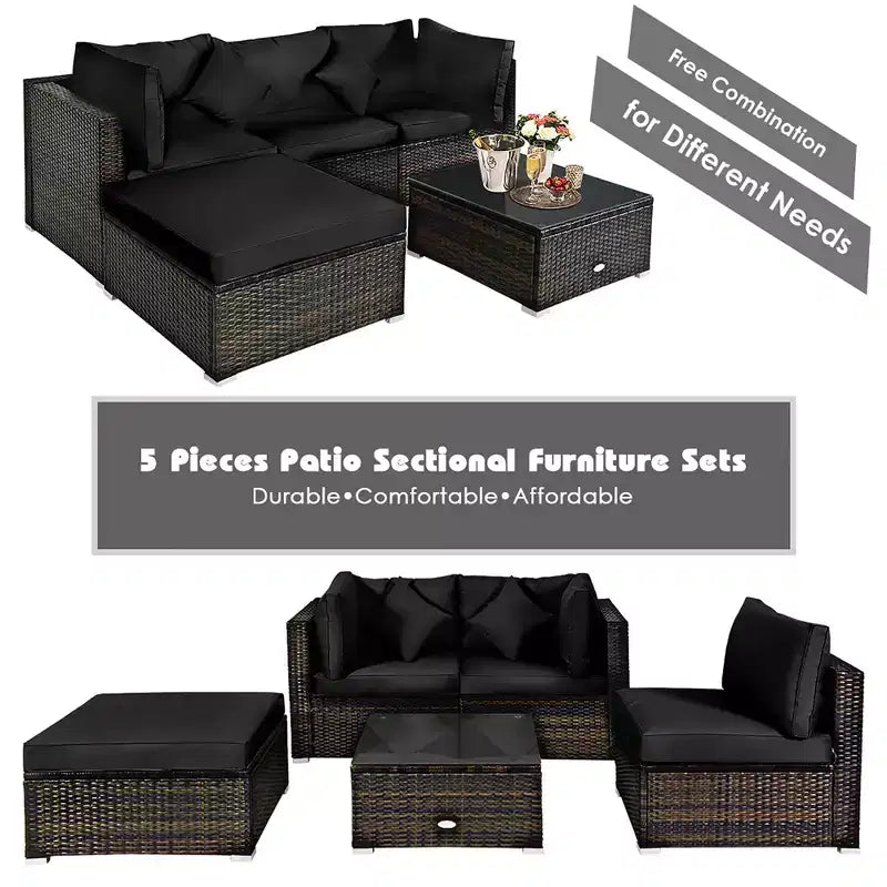 Costway Ensemble de Meubles de Jardin en Rotin de 5 Pièces, Salon Modulable, Coussins Turquoise/Bleu Marine/Noir