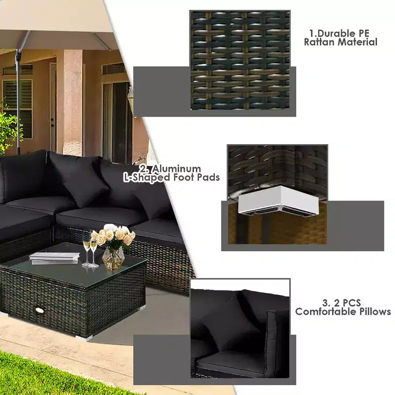 Costway Ensemble de Meubles de Jardin en Rotin de 5 Pièces, Salon Modulable, Coussins Turquoise/Bleu Marine/Noir