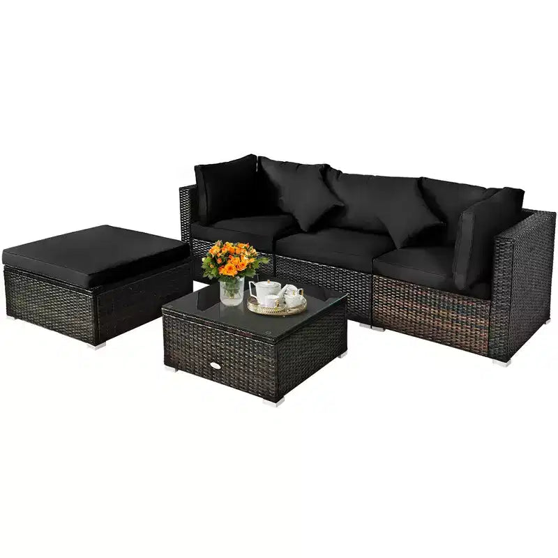 Costway Ensemble de Meubles de Jardin en Rotin de 5 Pièces, Salon Modulable, Coussins Turquoise/Bleu Marine/Noir