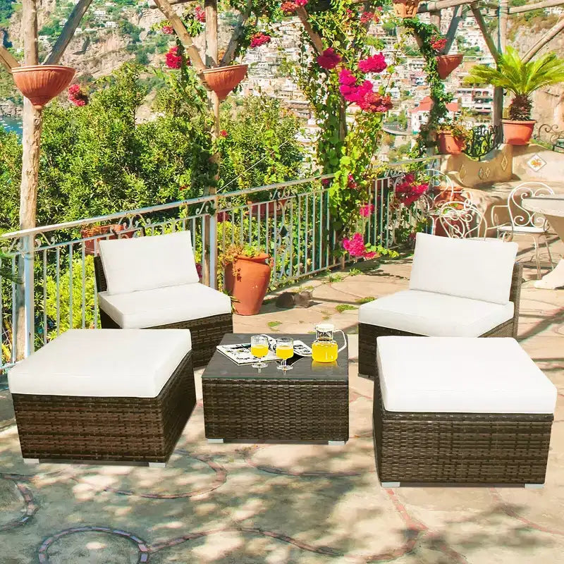 Costway Salon de Jardin 5 Pièces en Résine Tressée avec Canapé sans Accoudoirs Ottoman et Coussins