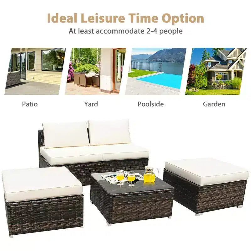 Costway Salon de Jardin 5 Pièces en Résine Tressée avec Canapé sans Accoudoirs Ottoman et Coussins