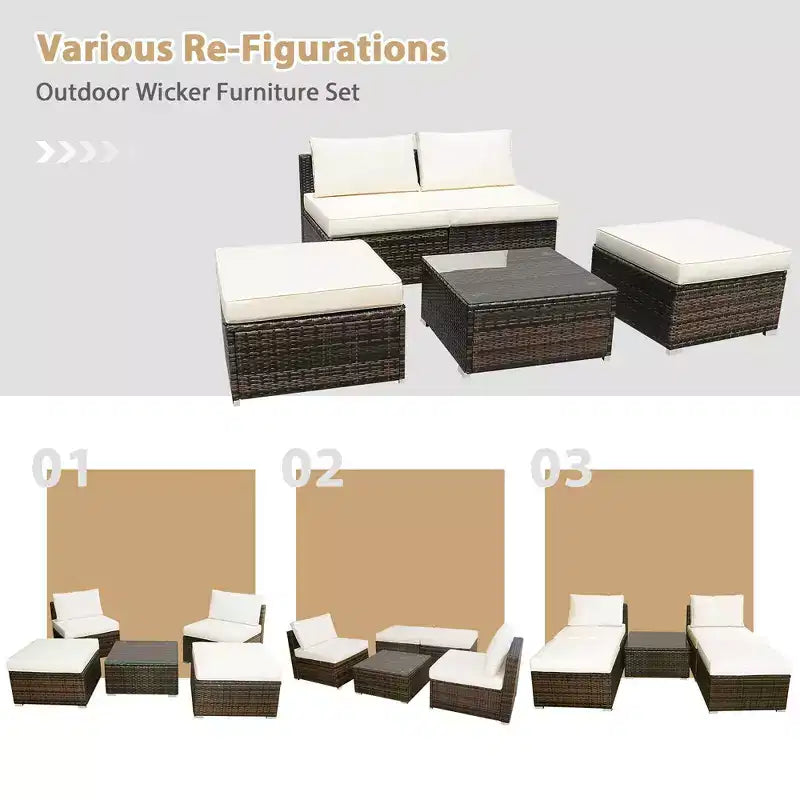 Costway Salon de Jardin 5 Pièces en Résine Tressée avec Canapé sans Accoudoirs Ottoman et Coussins