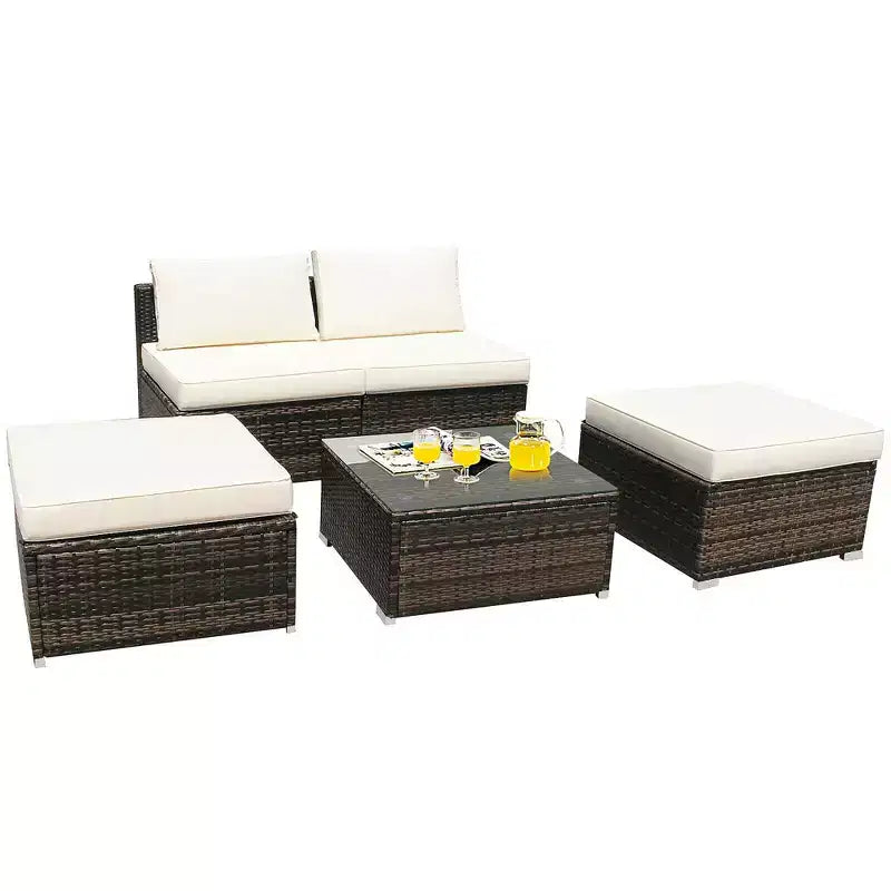 Costway Salon de Jardin 5 Pièces en Résine Tressée avec Canapé sans Accoudoirs Ottoman et Coussins