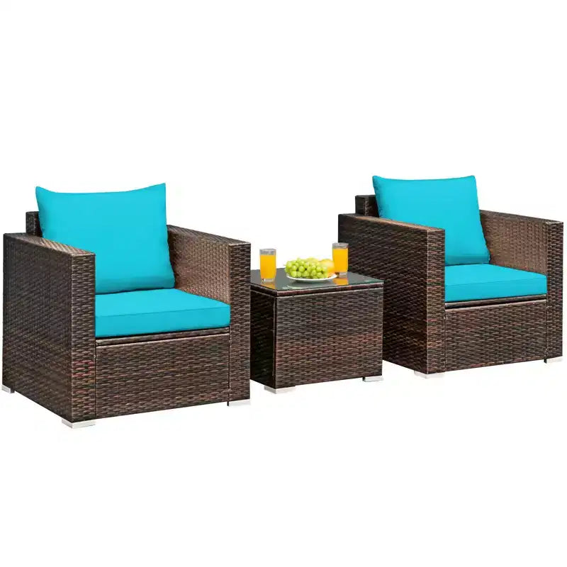 Costway Ensemble de Meubles de Patio en Rotin 3 Pièces Canapé de Conversation Coussins Turquoise/Rouge
