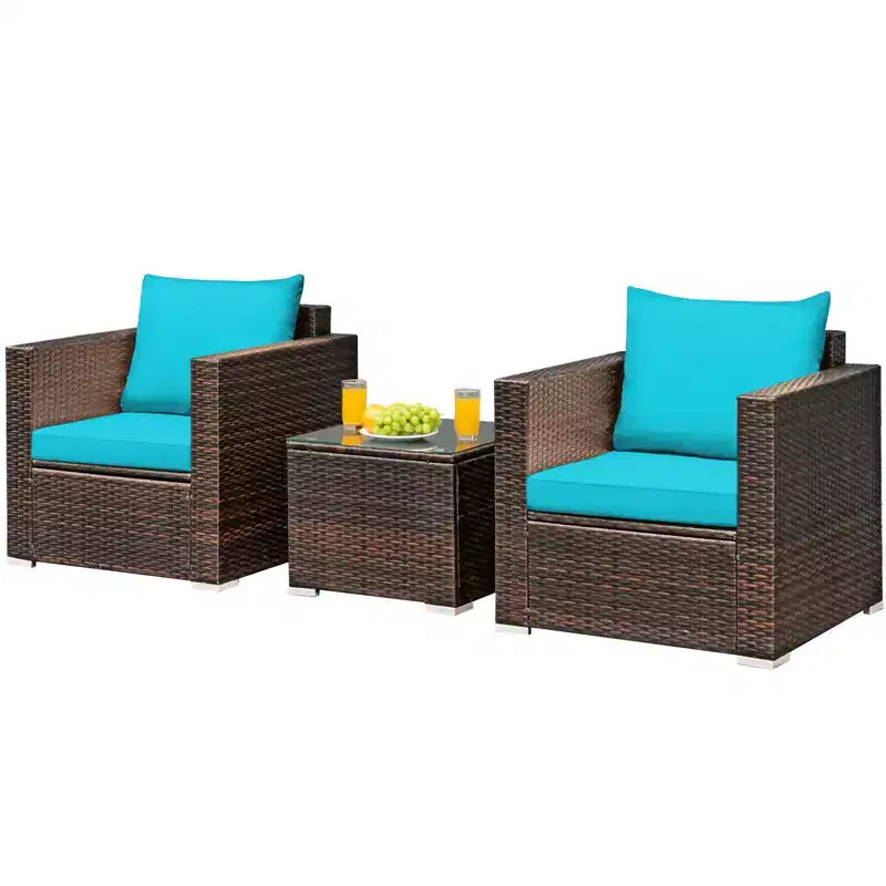 Costway Ensemble de Meubles de Patio en Rotin 3 Pièces Canapé de Conversation Coussins Turquoise/Rouge