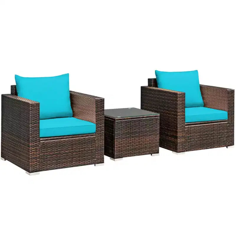 Costway Ensemble de Meubles de Patio en Rotin 3 Pièces Canapé de Conversation Coussins Turquoise/Rouge