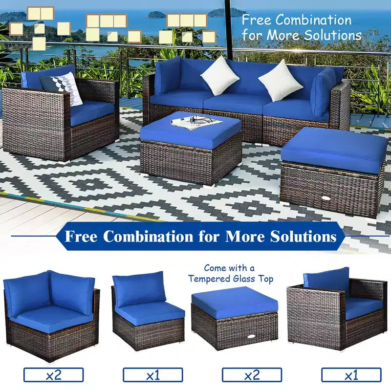 Costway Ensemble de meubles de patio en rotin 6 pièces Canapé sectionnel Table basse avec pouf coussin bleu marine