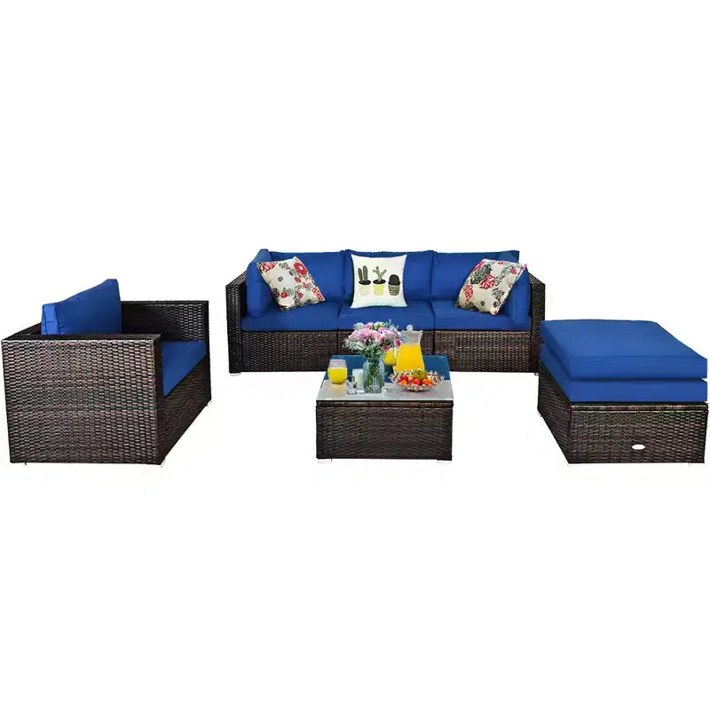 Costway Ensemble de meubles de patio en rotin 6 pièces Canapé sectionnel Table basse avec pouf coussin bleu marine
