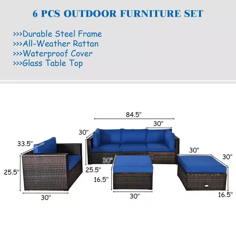 Costway Ensemble de meubles de patio en rotin 6 pièces Canapé sectionnel Table basse avec pouf coussin bleu marine