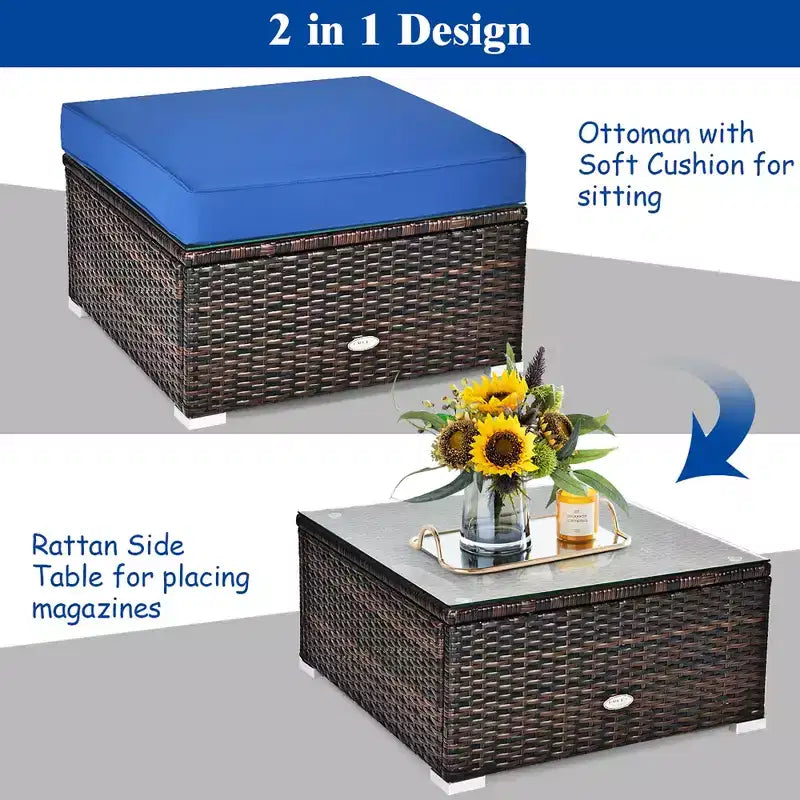 Costway Ensemble de meubles de patio en rotin 6 pièces Canapé sectionnel Table basse avec pouf coussin bleu marine