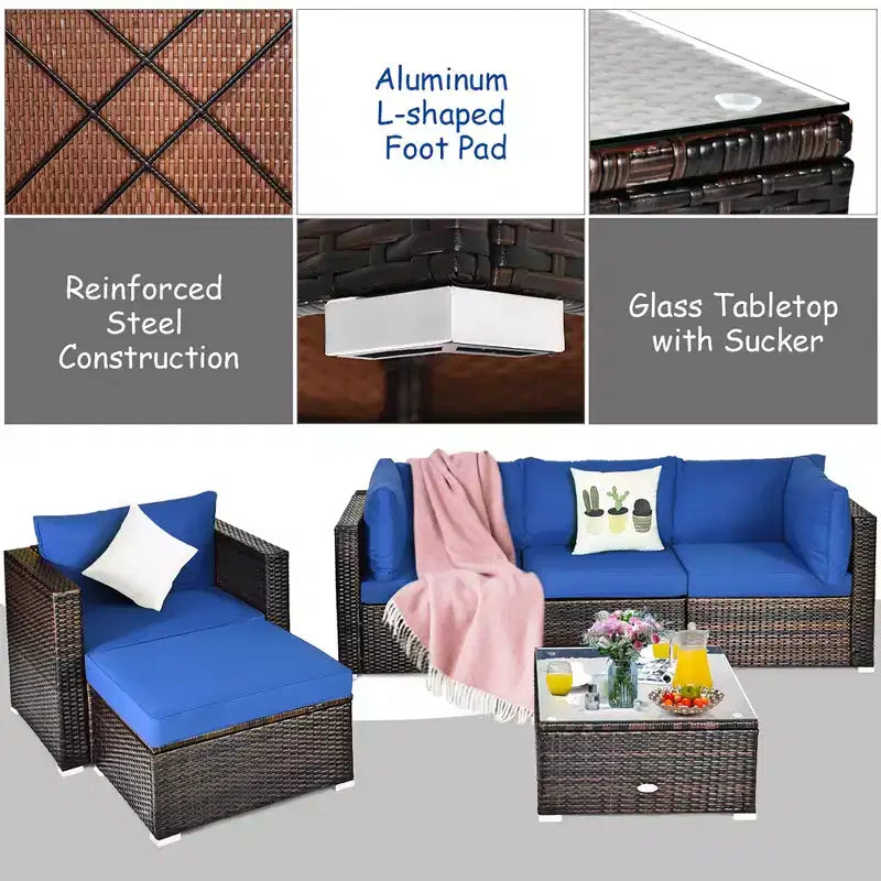 Costway Ensemble de meubles de patio en rotin 6 pièces Canapé sectionnel Table basse avec pouf coussin bleu marine