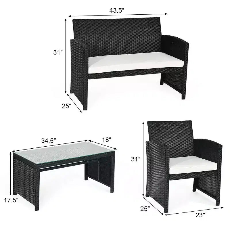 Costway Salon de Jardin 4 Pièces en Rotin Meubles de Conversation Canapé Coussins Table Basse Jardin Noir