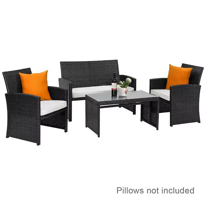 Costway Salon de Jardin 4 Pièces en Rotin Meubles de Conversation Canapé Coussins Table Basse Jardin Noir