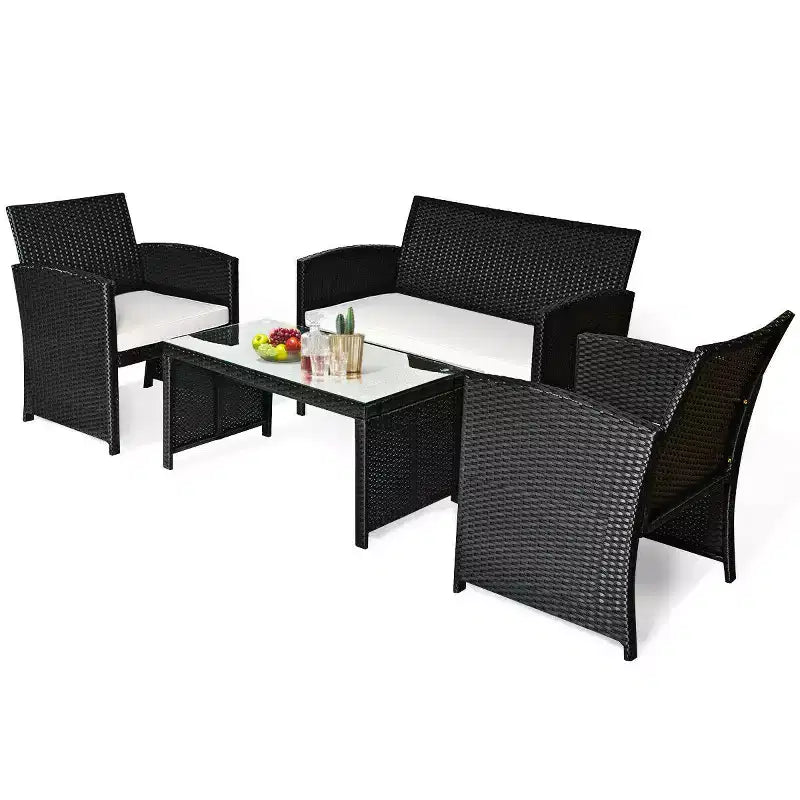 Costway Salon de Jardin 4 Pièces en Rotin Meubles de Conversation Canapé Coussins Table Basse Jardin Noir
