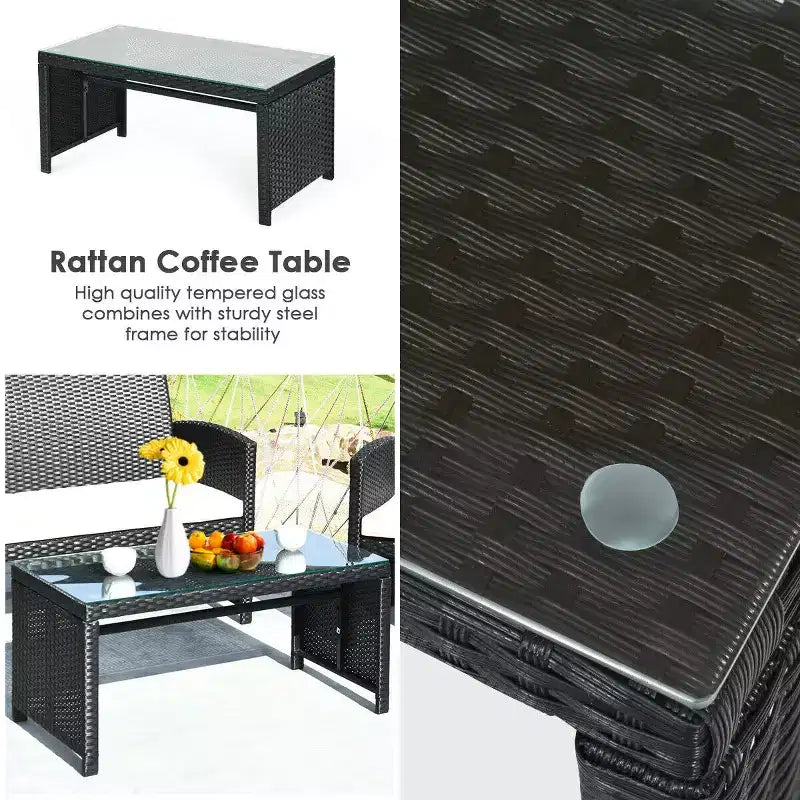 Costway Salon de Jardin 4 Pièces en Rotin Meubles de Conversation Canapé Coussins Table Basse Jardin Noir