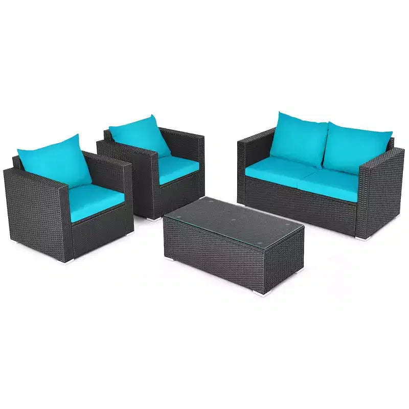 Costway Ensemble de 4 fauteuils de jardin en rotin avec coussins et table basse turquoise
