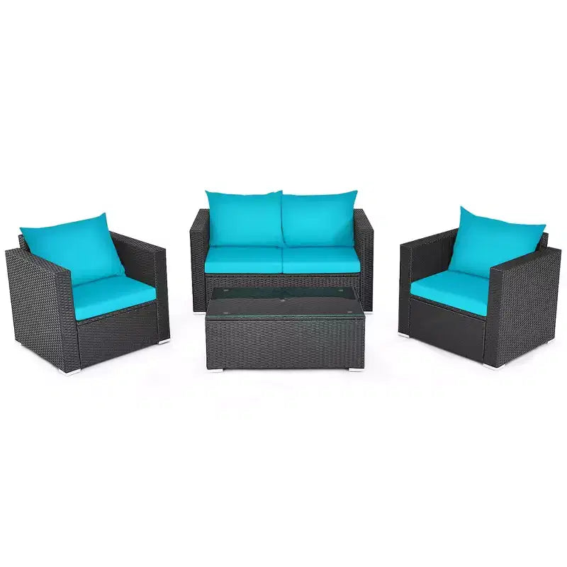 Costway Ensemble de 4 fauteuils de jardin en rotin avec coussins et table basse turquoise
