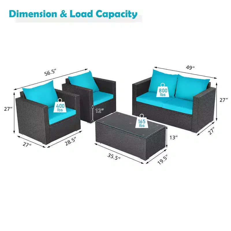 Costway Ensemble de 4 fauteuils de jardin en rotin avec coussins et table basse turquoise