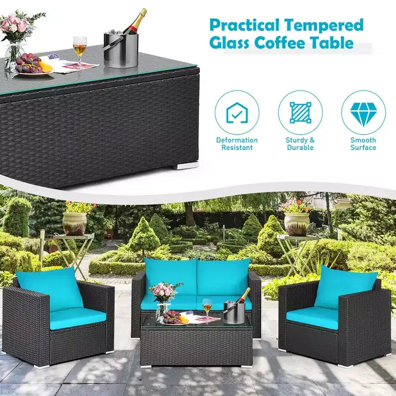 Costway Ensemble de 4 fauteuils de jardin en rotin avec coussins et table basse turquoise