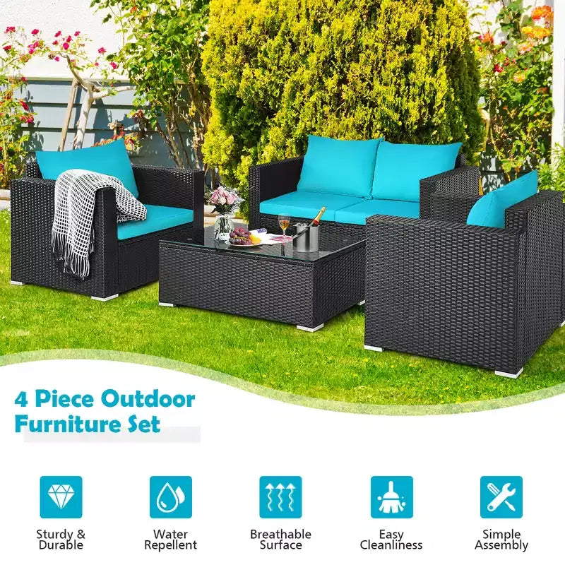 Costway Ensemble de 4 fauteuils de jardin en rotin avec coussins et table basse turquoise