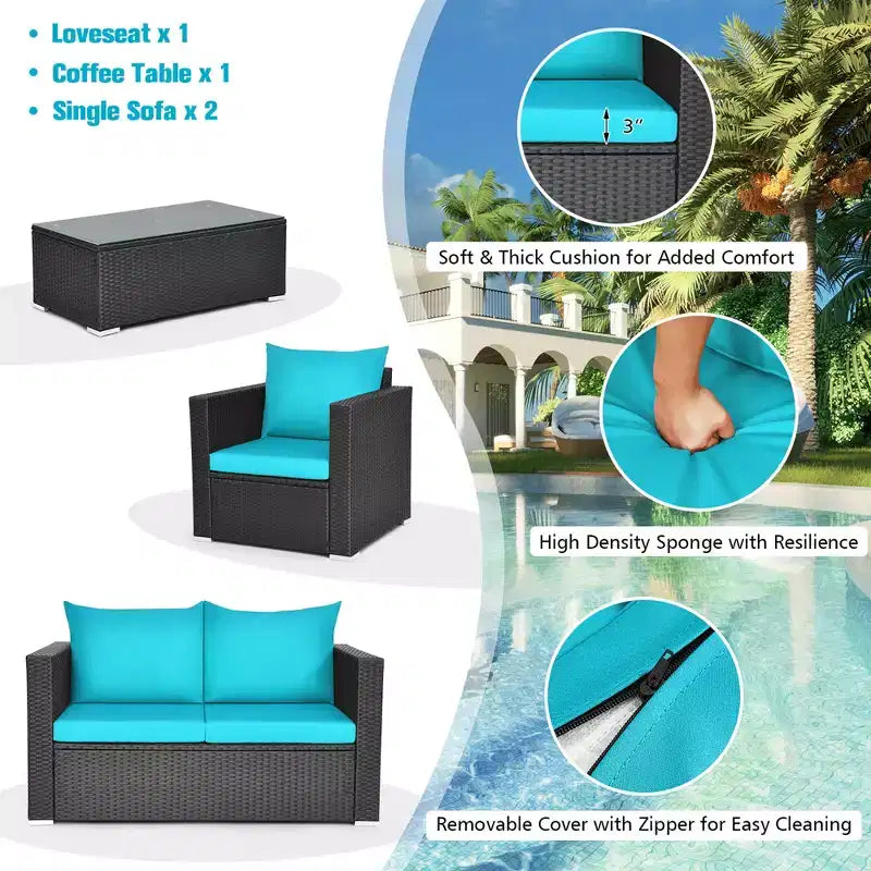 Costway Ensemble de 4 fauteuils de jardin en rotin avec coussins et table basse turquoise