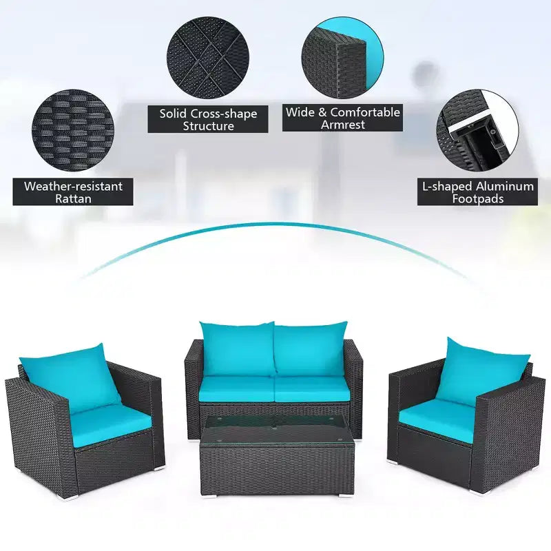 Costway Ensemble de 4 fauteuils de jardin en rotin avec coussins et table basse turquoise
