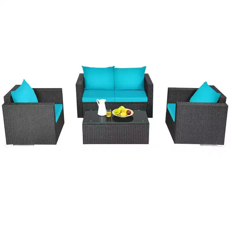 Costway Ensemble de 4 fauteuils de jardin en rotin avec coussins et table basse turquoise