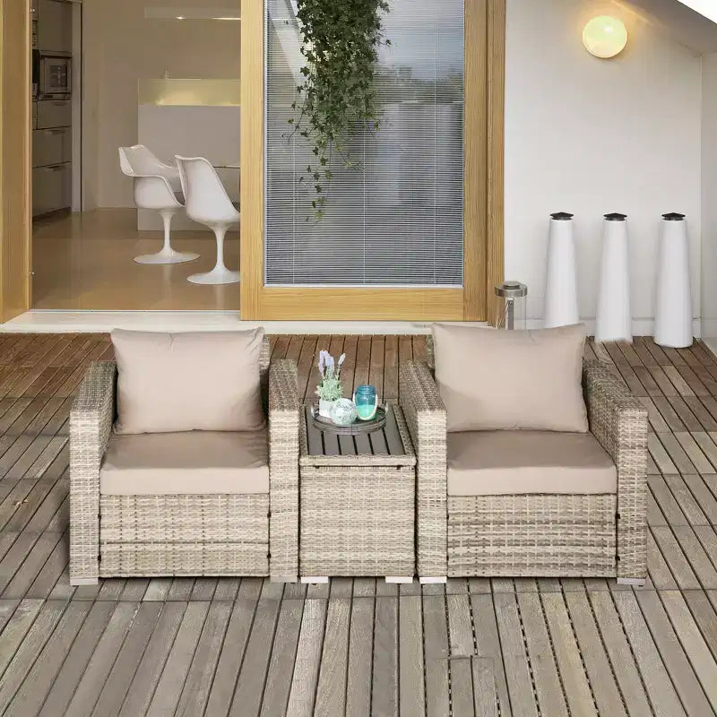 Outsunny Ensemble de Meubles de Patio 3 Pièces, Meubles de Balcon en Rotin PE Petit Osier, Table et Chaises avec Coussins Table Composite pour Appartement, Gris