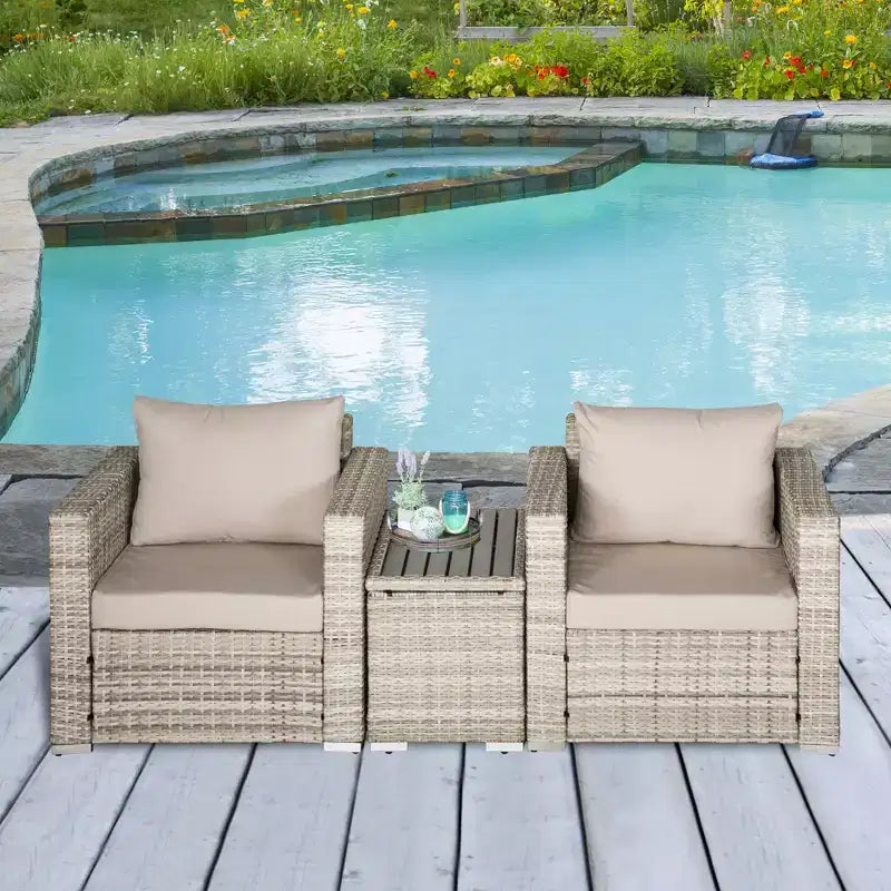 Outsunny Ensemble de Meubles de Patio 3 Pièces, Meubles de Balcon en Rotin PE Petit Osier, Table et Chaises avec Coussins Table Composite pour Appartement, Gris
