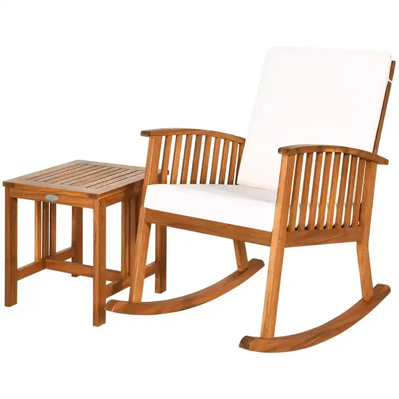 Ensemble de 2 chaises à bascule de patio en bois d'acacia Costway avec table basse et coussins