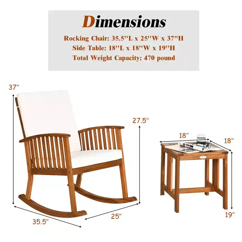 Ensemble de 2 chaises à bascule de patio en bois d'acacia Costway avec table basse et coussins