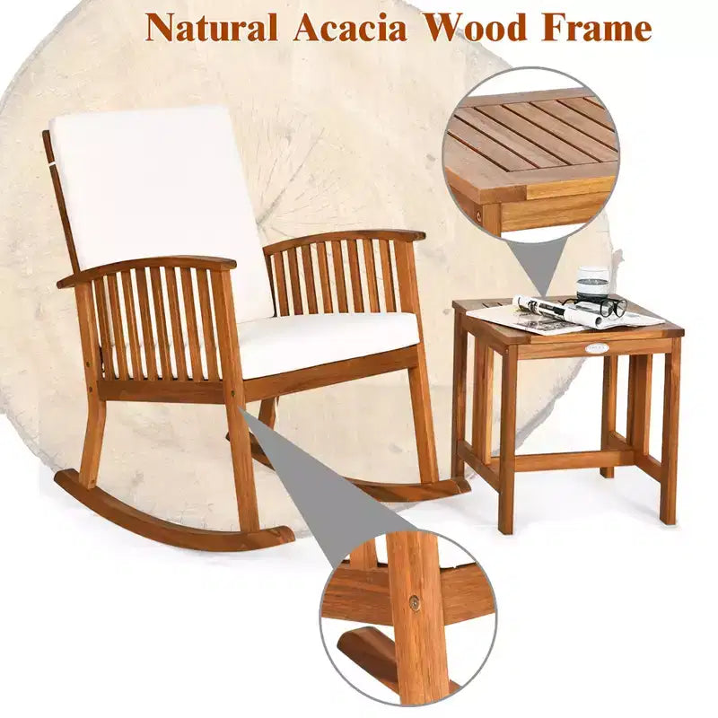 Ensemble de 2 chaises à bascule de patio en bois d'acacia Costway avec table basse et coussins
