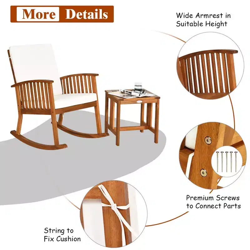 Ensemble de 2 chaises à bascule de patio en bois d'acacia Costway avec table basse et coussins