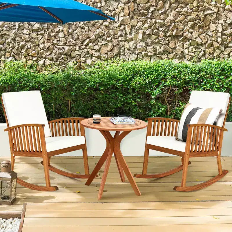 Costway Ensemble de 3 chaises à bascule de terrasse Table ronde Bois massif Canapé rembourré Jardin