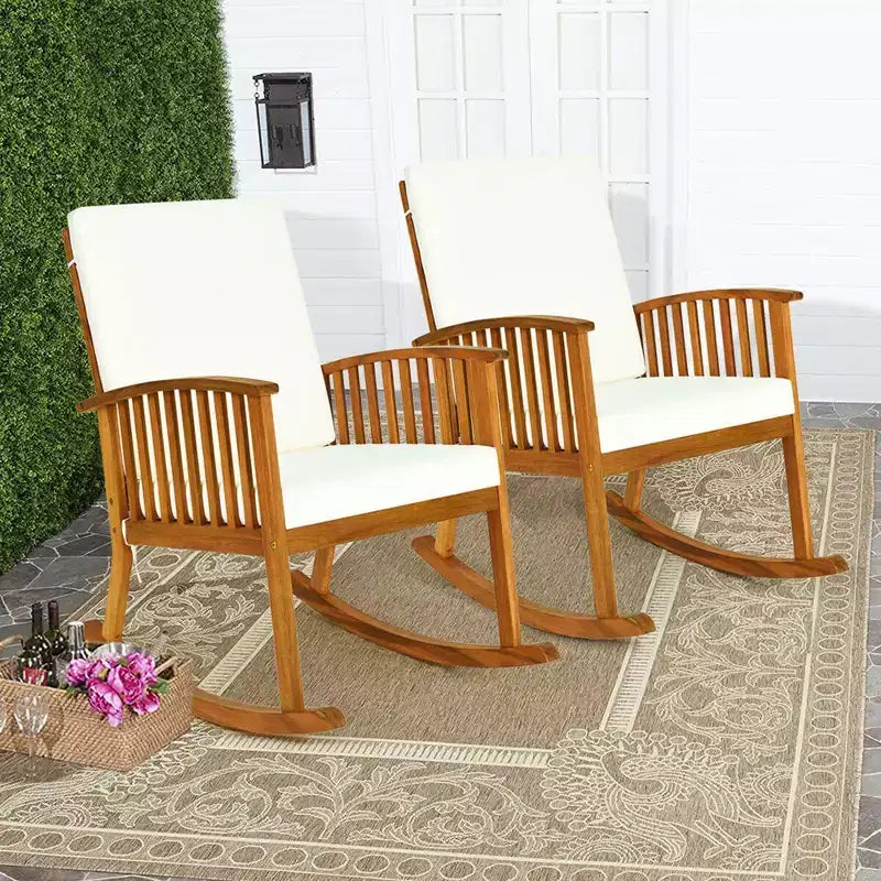 Costway Ensemble de 3 chaises à bascule de terrasse Table ronde Bois massif Canapé rembourré Jardin